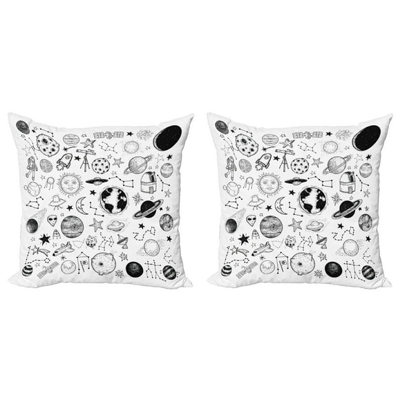 Ambesonne Cartoon Throw Pillow Cover 2 Pack, Planets Asteroids Cosmos, 16", White Black