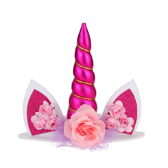 Jiibva Handmade Unicorn Cake Topper with Horn Ears and Flowers for Party Cake Decoration