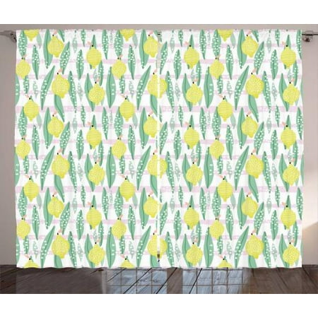 Lemons Curtains 2 Panels Set Vertically Aligned Lemon Leaves And