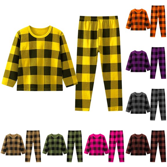 oqasdz Boys Pajamas Classic Long Sleeve Pajama Set Plaid Print Pullover Top and Pajamas Pants Cozy Pjs for Kids Child Loungewear Casual Snug Fit Clothing Set,Yellow,Size 4 Y-5 Y