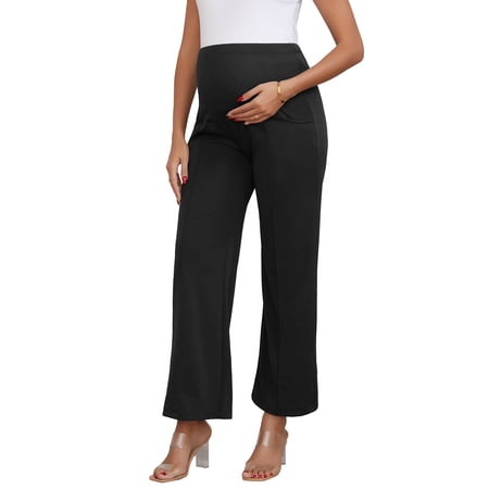INSPIRE CHIC Women's Maternity Pants Over the Belly Straight Wide Leg Loose Pregnancy Pants with Pockets High Stretchy Casual Work S Black