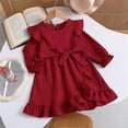 thumbnail image 4 of Girls Ruffle Dress Long Sleeve Crewneck Waist Belt Dress Kids Solid Color Casual Comfortable Outfits for Daily Wear Red 9-10 Years, 4 of 7