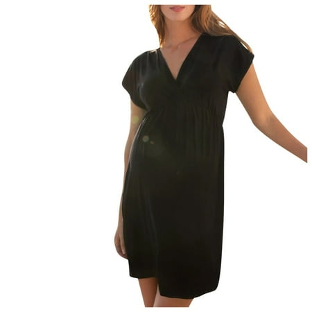 

Maternity dress Women Pregnant Nusring Maternity Short Sleeve Solid V-Neck Dress Black XL