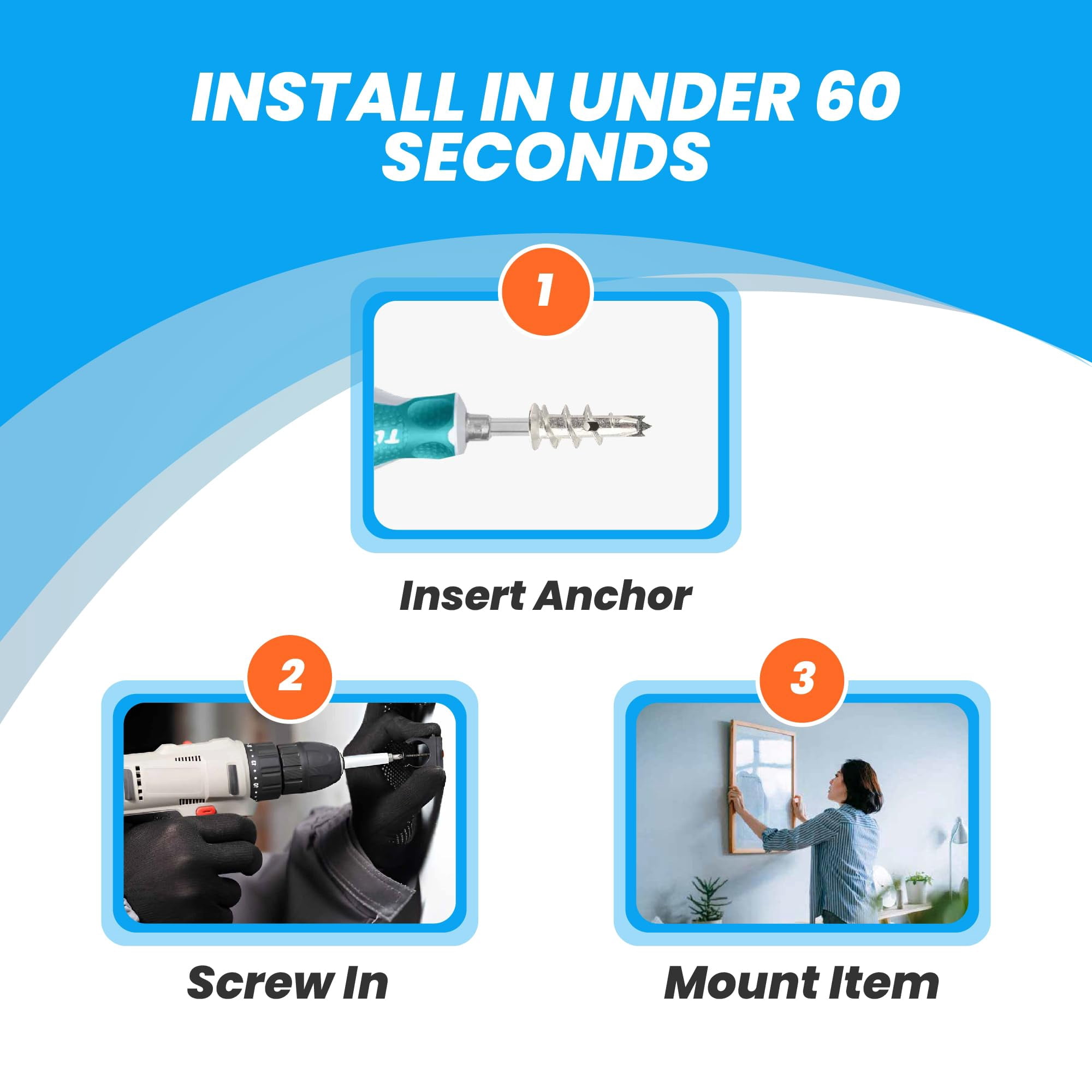 130pcs Self Drilling Drywall Anchors and Screws Kit | #8 x 1-1/4” Drywall Screws and Anchors for Sheetrock | No Pre-Drill Required | Dry Wall Anchors for Drywall Heavy Duty | Holds Up to 75lbs