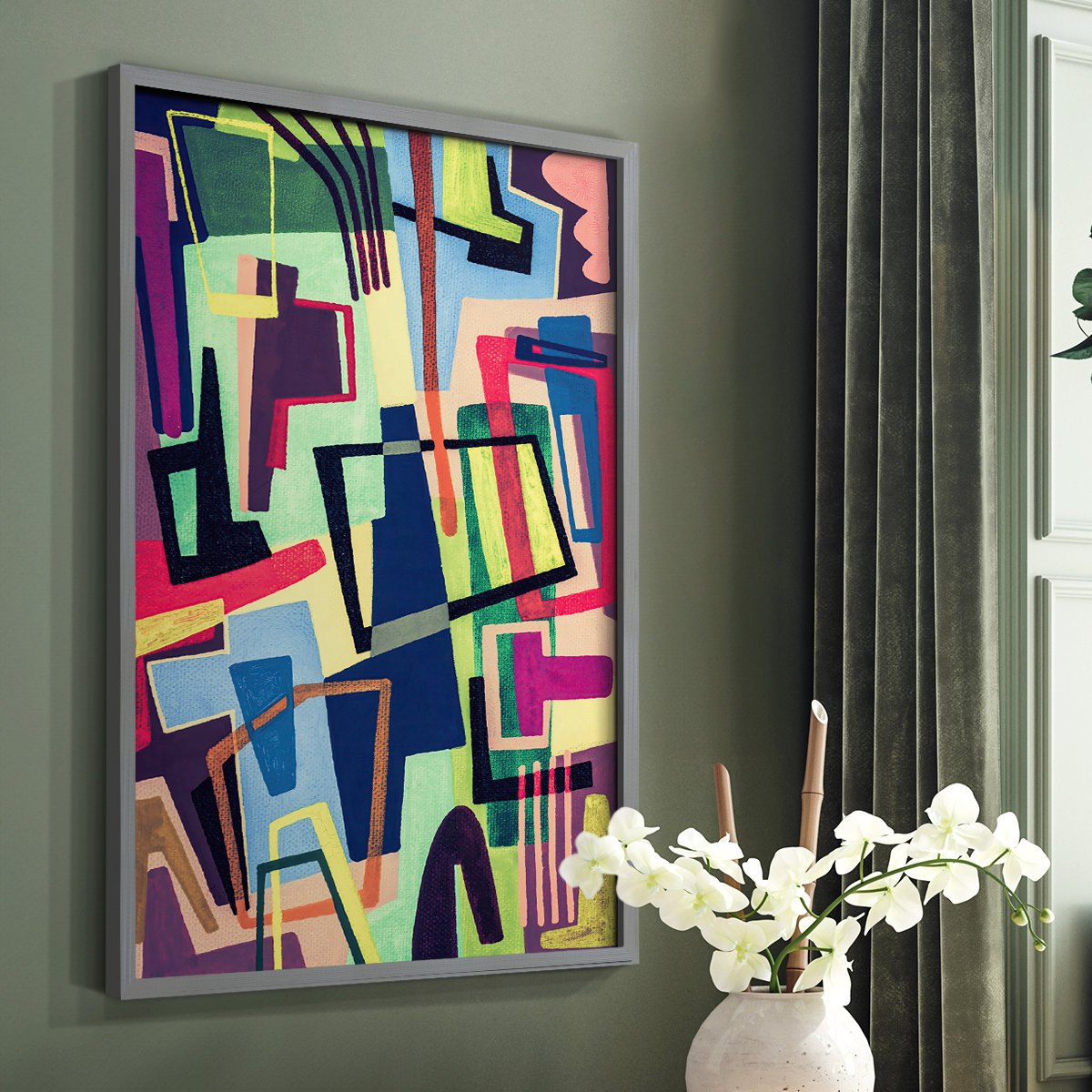 Connected Colors II Framed Print in Gray Solid Wood Framed Print No Nail Hanging