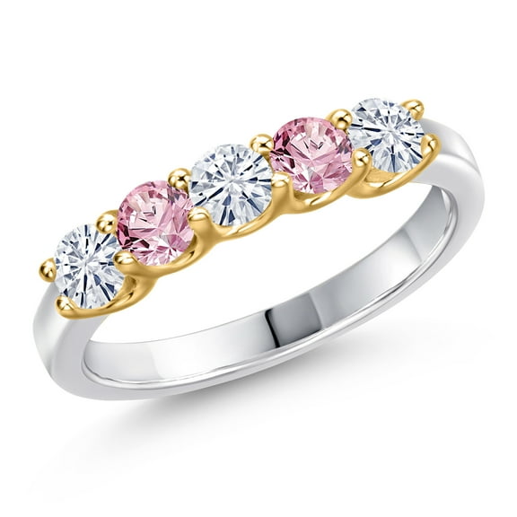 Gem Stone King 10K Two Tone Gold White Moissanite and Pink Lab Grown Diamond Wedding-Bands Ring for Women | 0.84 Cttw | Round 3.5MM | Gemstone Birthstone | Size 9