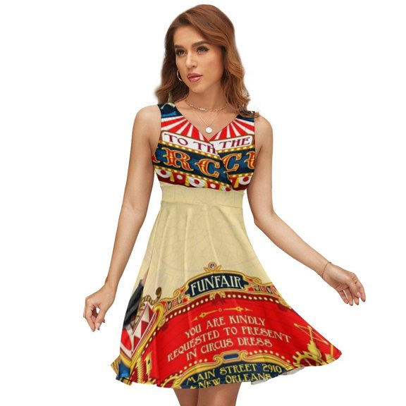 Circus Carnival Invite Vintage Dress Summer Street Style Dresses Female Sleeveless Printed Sundress