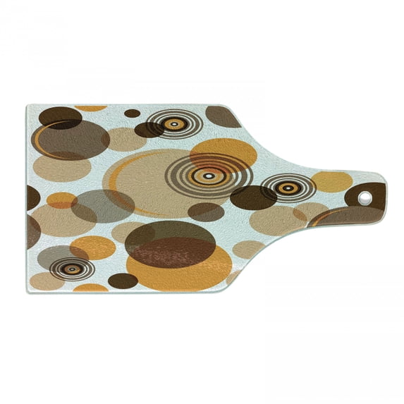 Earth Tones Cutting Board, Abstract Pastel Pattern with Overlapping Chaotic Spots and Ring Shapes, Tempered Glass Cutting and Serving Board, Wine Bottle Shape, Orange Brown Tan, by Ambesonne