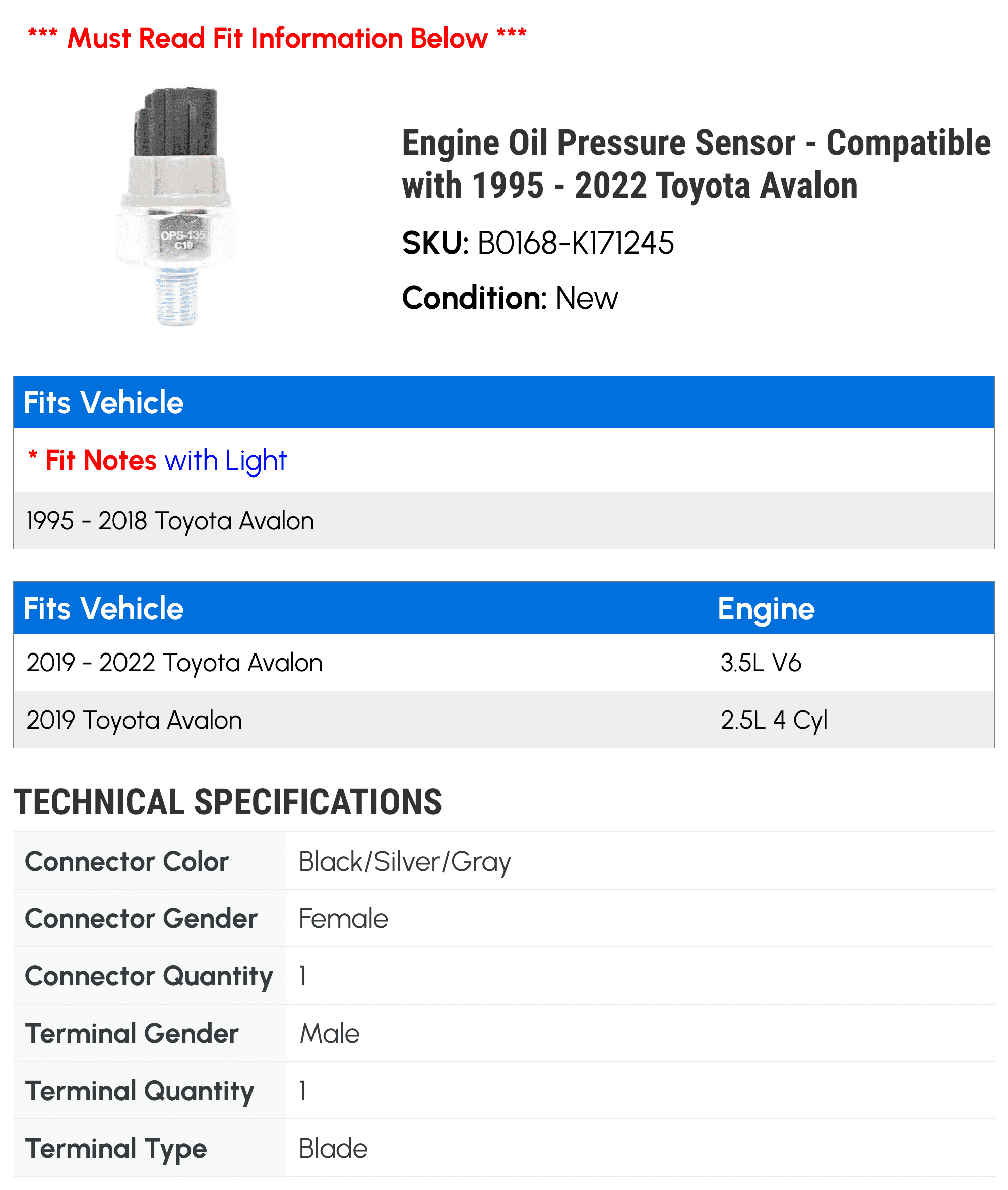 Engine Oil Pressure Sensor - Compatible with 1995 - 2022 Toyota Avalon 1996 1997 1998 1999 2000 2001 2002 2003 2004 2005 2006 2007 2008 2009 2010 2011 2012 2013 2014 2015 2016 2017 2018 2019 2020
