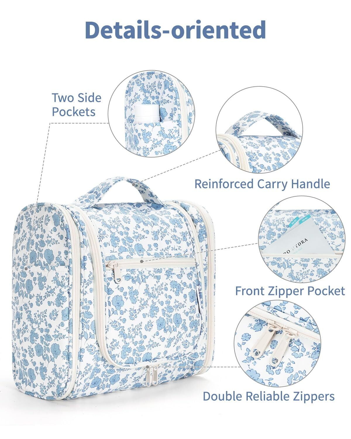 Narwey Travel Bags for Women Hanging Toiletry Bag with Hook Makeup Organizer Large Cosmetic Bags for Men Travel Essentials, Blue Flower