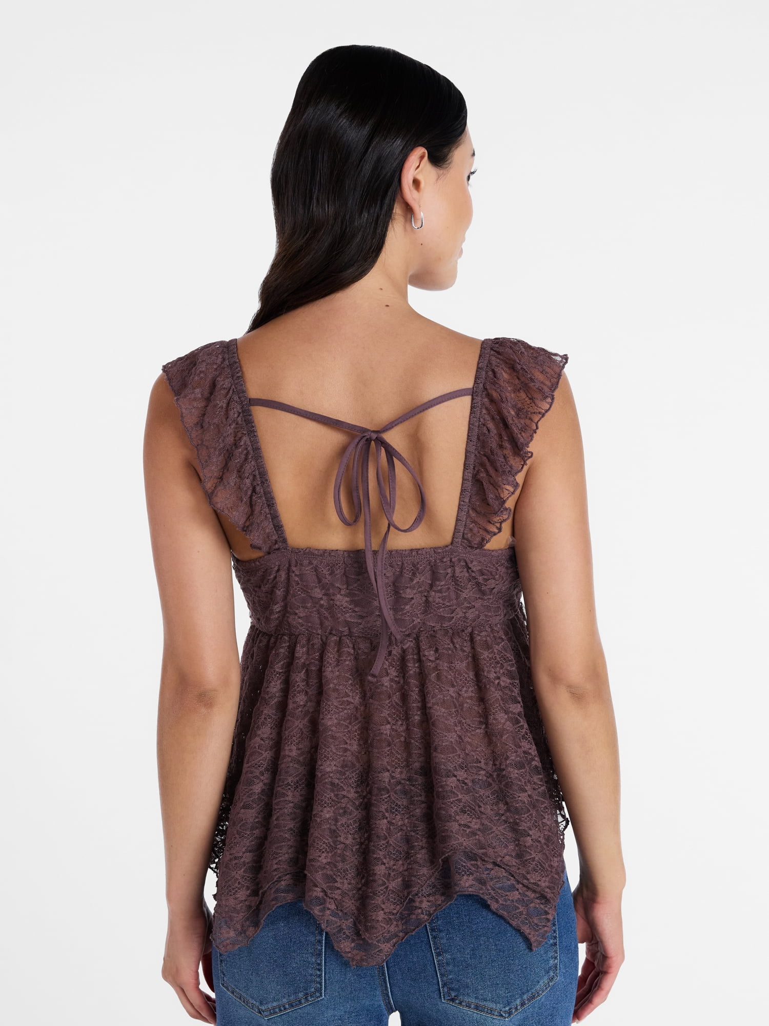 Madden NYC Floral Lace Babydoll Top with Flutter Sleeves, Sizes XXS-XXL