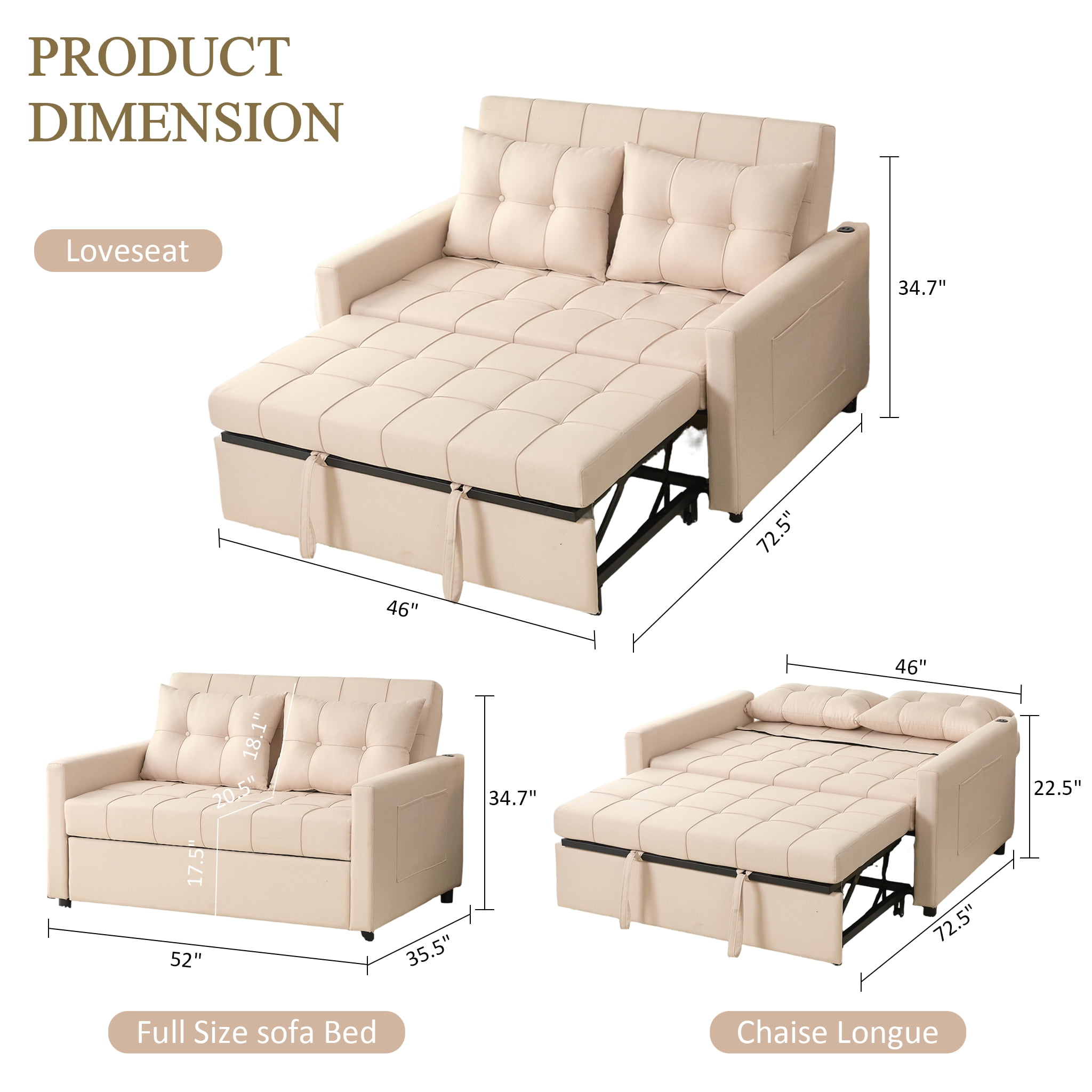 LAKPS 52" Linen 3-in-1 Convertible Sleeper Sofa with Pull-Out Bed, Stepless Adjustable Backrest & Side Pocket - for Family, Living Room, Dorm, Apartment, Linen, White