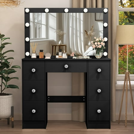 Caulitar Makeup Vanity Desk with Lights & Large Mirror, Black Vanity Table with 3 Color Lighting Modes, Dressing Table with Crystal Handles,Christmas Vanity Table for Women Girls (Black)