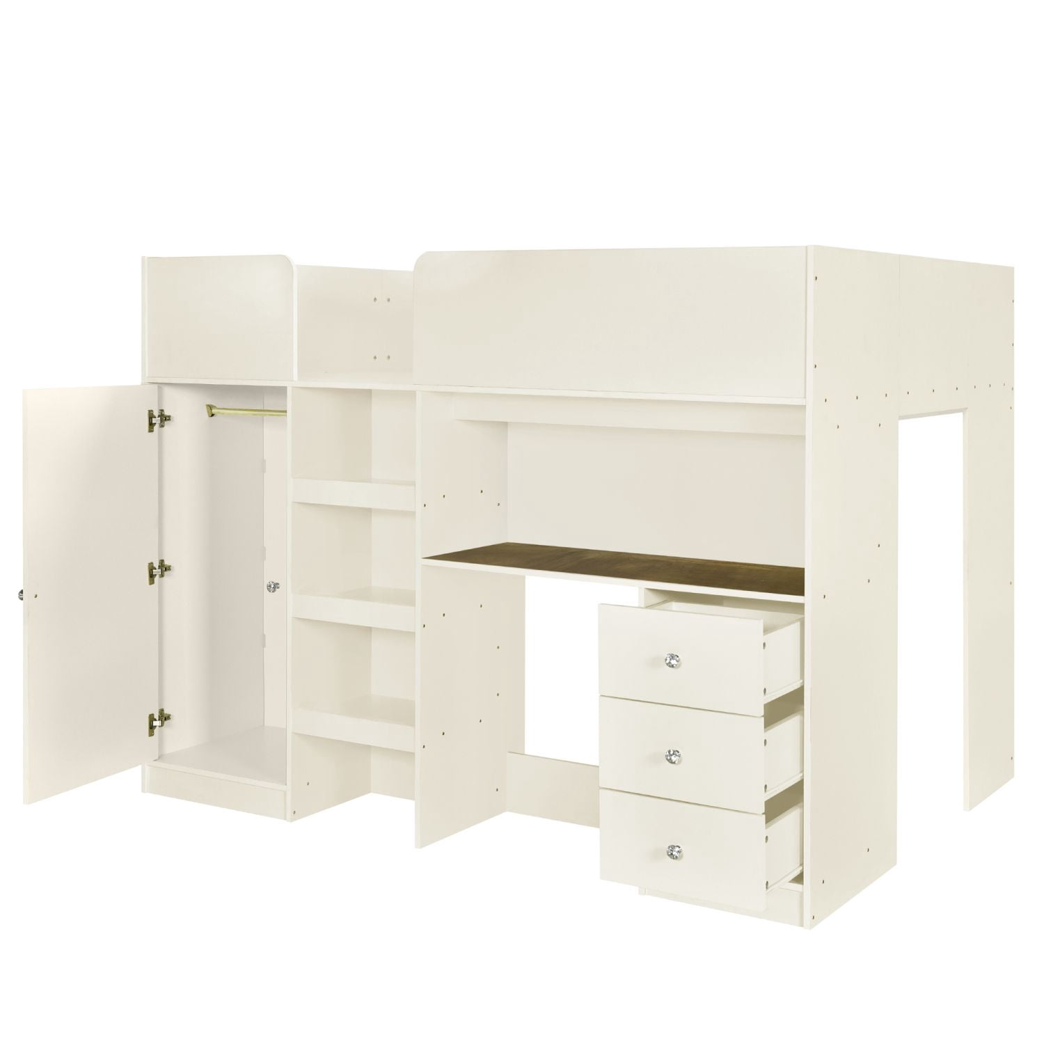 Asteroutdoor Wood Full Size Loft Bed with Built-in Wardrobe, Desk, Storage Shelves and Drawers, Beige