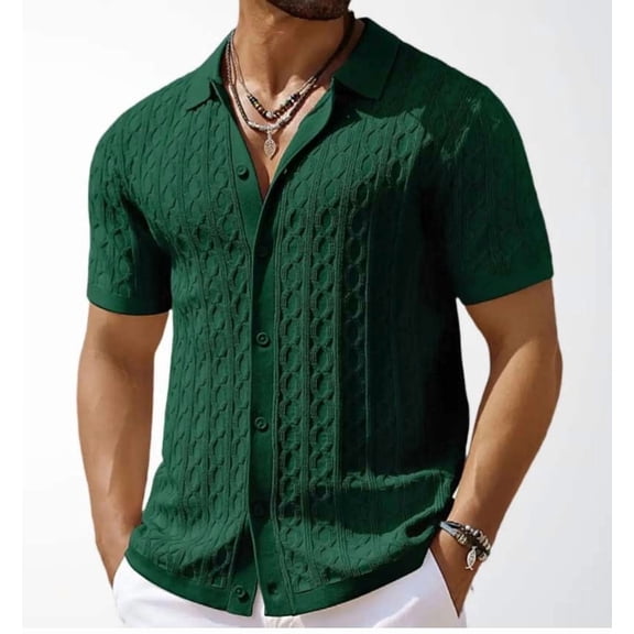 DAFPZW Men's Knit Short Sleeve Shirts Button Down Vintage Knitted Golf Shirt Casual Beach Crochet Cable Vacation Tee Shirt