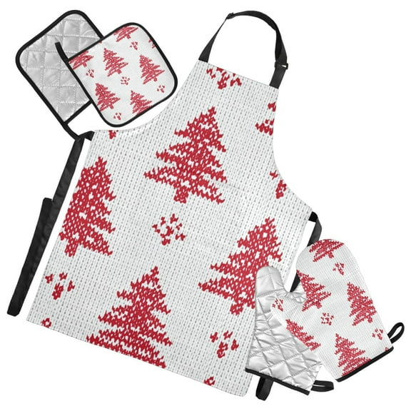 Red Knitted Christmas Tree Apron Set with Oven Mitts Pot Holders Set of 5 Kitchen Stuff Accessories