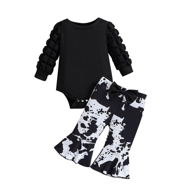 Odeerbi 0-18 Meses Conjunto de Canastilla Body de Punto Elástico Pantalones Acampanados Con Diadema Estampado Conjunto de Mono Pantalones Acampanados