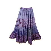 Mogul Womens Long Skirt Full Flare Printed Purple With Golden Border Hippy Chic Maxi Skirts