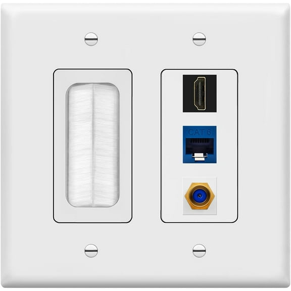TOPGREENER Double Gang Datacomm Bundle with Multimedia Pass-Through Insert, 3-Port Keystone Jack Insert, Coaxial, Ethernet, HDMI Keystones, TG889173MCFH-W, White