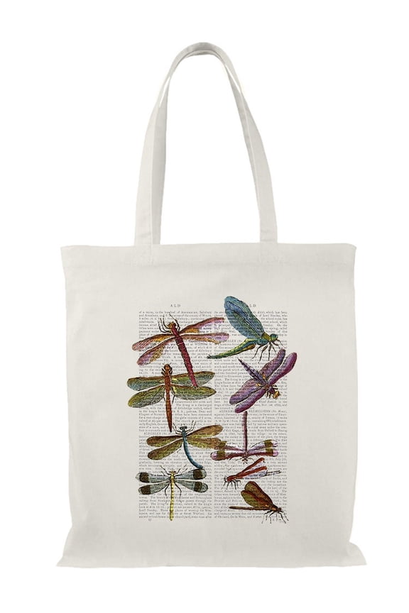 Dragonflies On Paper Tote Bag - Fab Funky Designs, One Size Cotton Canvas Tote Bag