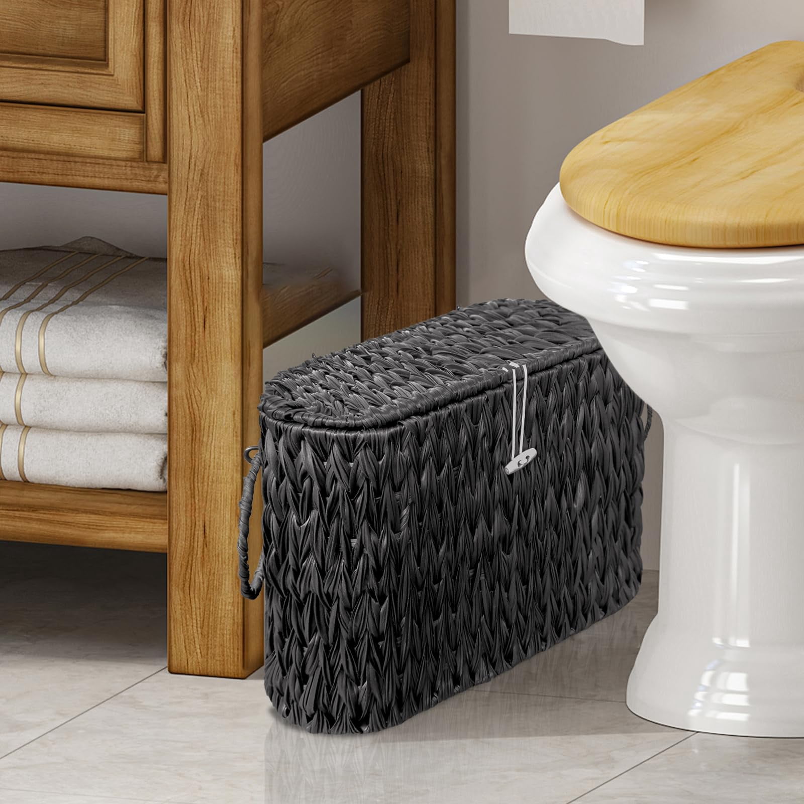 Black Wicker Toilet Paper Storage Basket with Lid