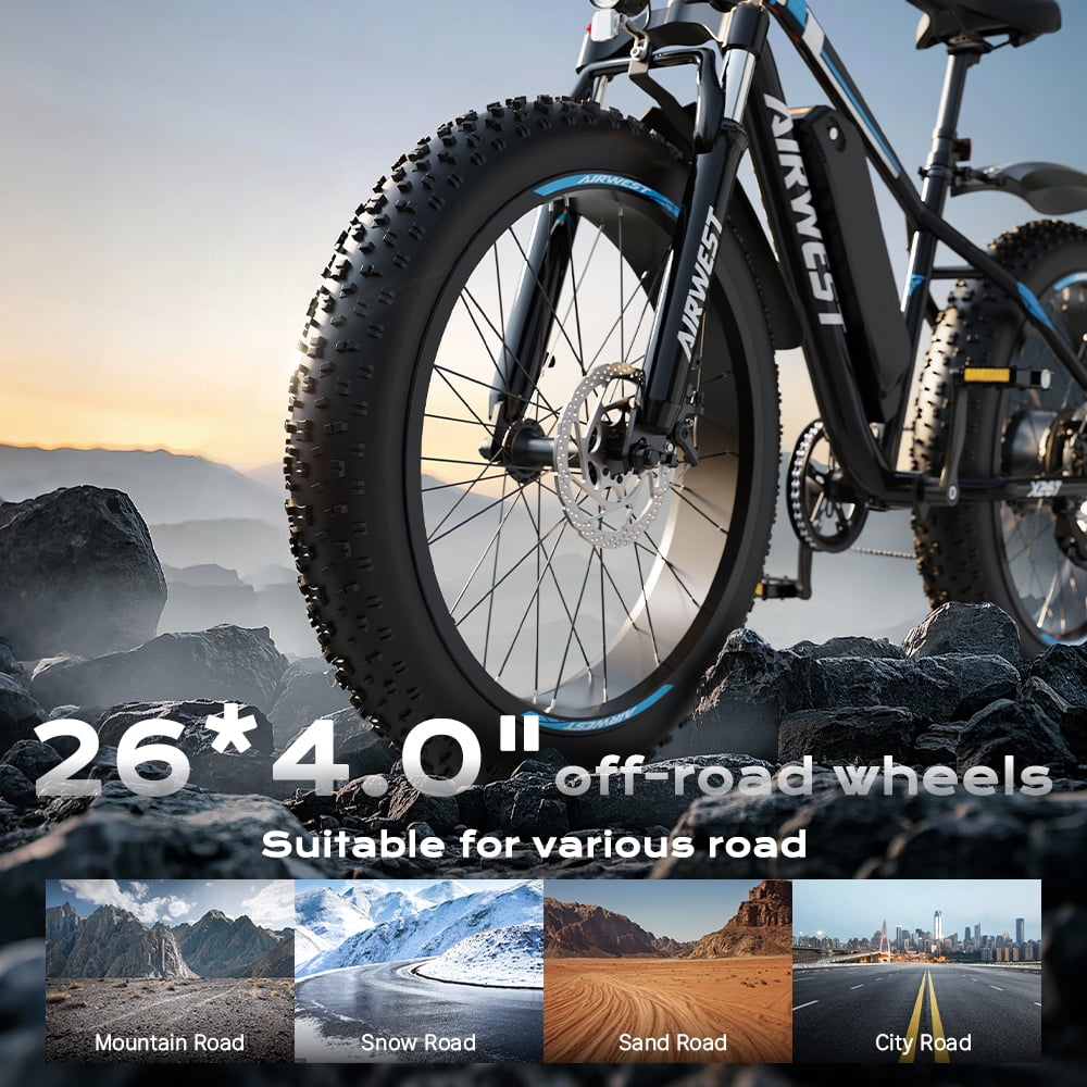 AIRWEST 26" Men's Electric Mountain Bike - 500W Motor, 48V 13Ah Removable Battery, 7-Speed Fat Tire E-Bike for Snow/Sand/Off-Road - UL2849  - Max 25MPH