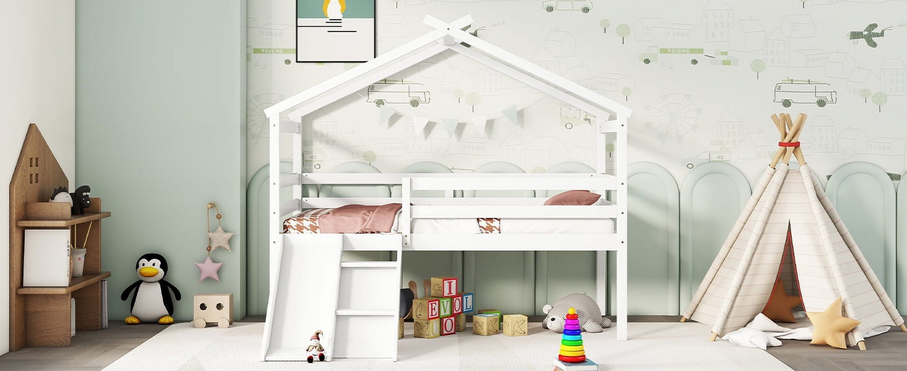Mintazer Twin Size House Loft Bed with Slide & Ladder, Playhouse Gable Roof Low Loft Bed Frame with Guardrails for Kids Toddler Bedroom, White