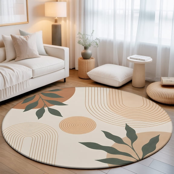 Bohemian Round Living Room Rugs 8 ft, Abstract Green Leaf Beige Lines Circle Geometric Art Washable Large Area Rug with Non-Slip Sturdy Edge Binding Round Carpet for Dining Room Kitchen Office