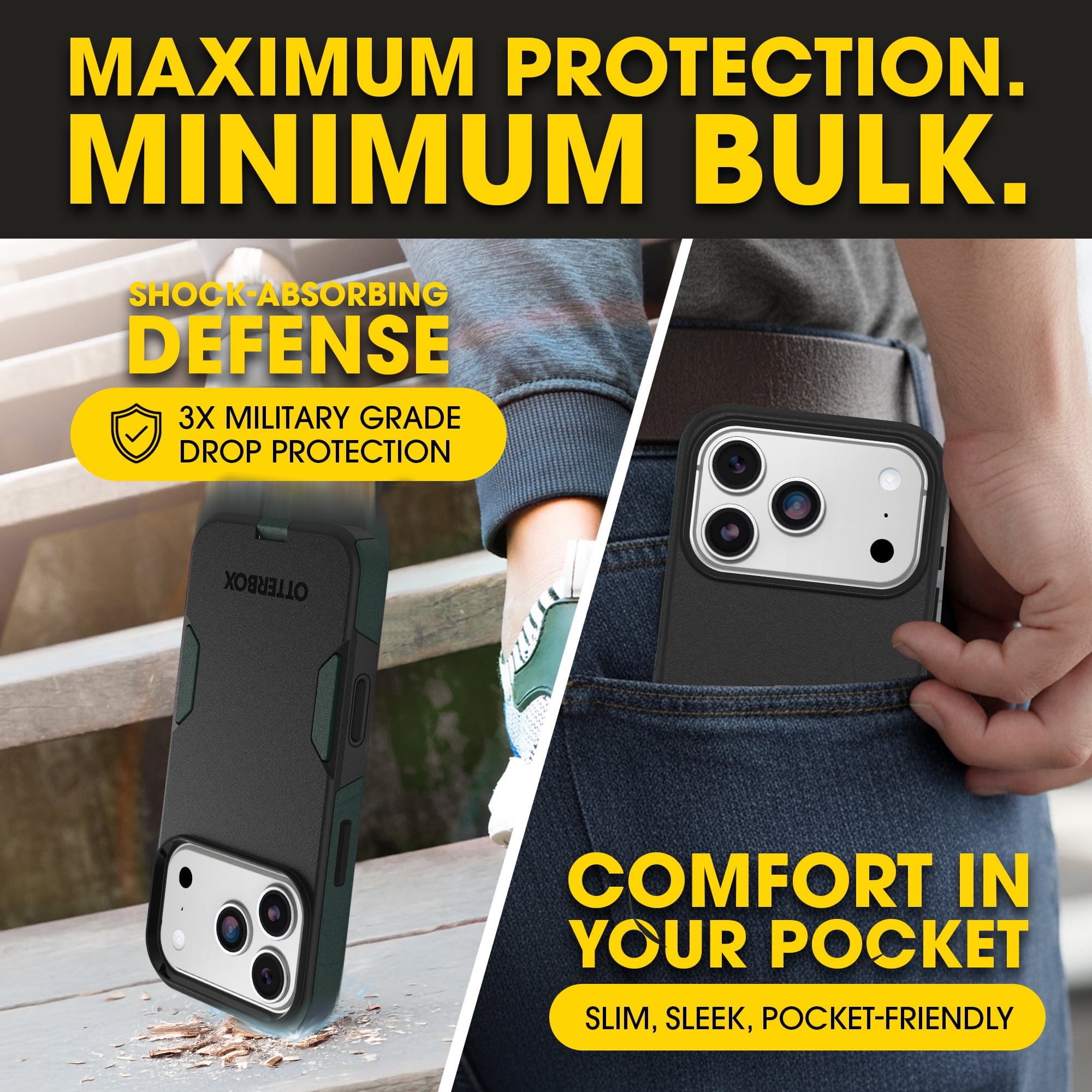 OtterBox iPhone 17 Pro (Only) – Commuter Series Case – Built-In MagSafe – Thin, Dual-Layer, Pocket-Friendly, Port Cover – Forest Night (Black/Green)