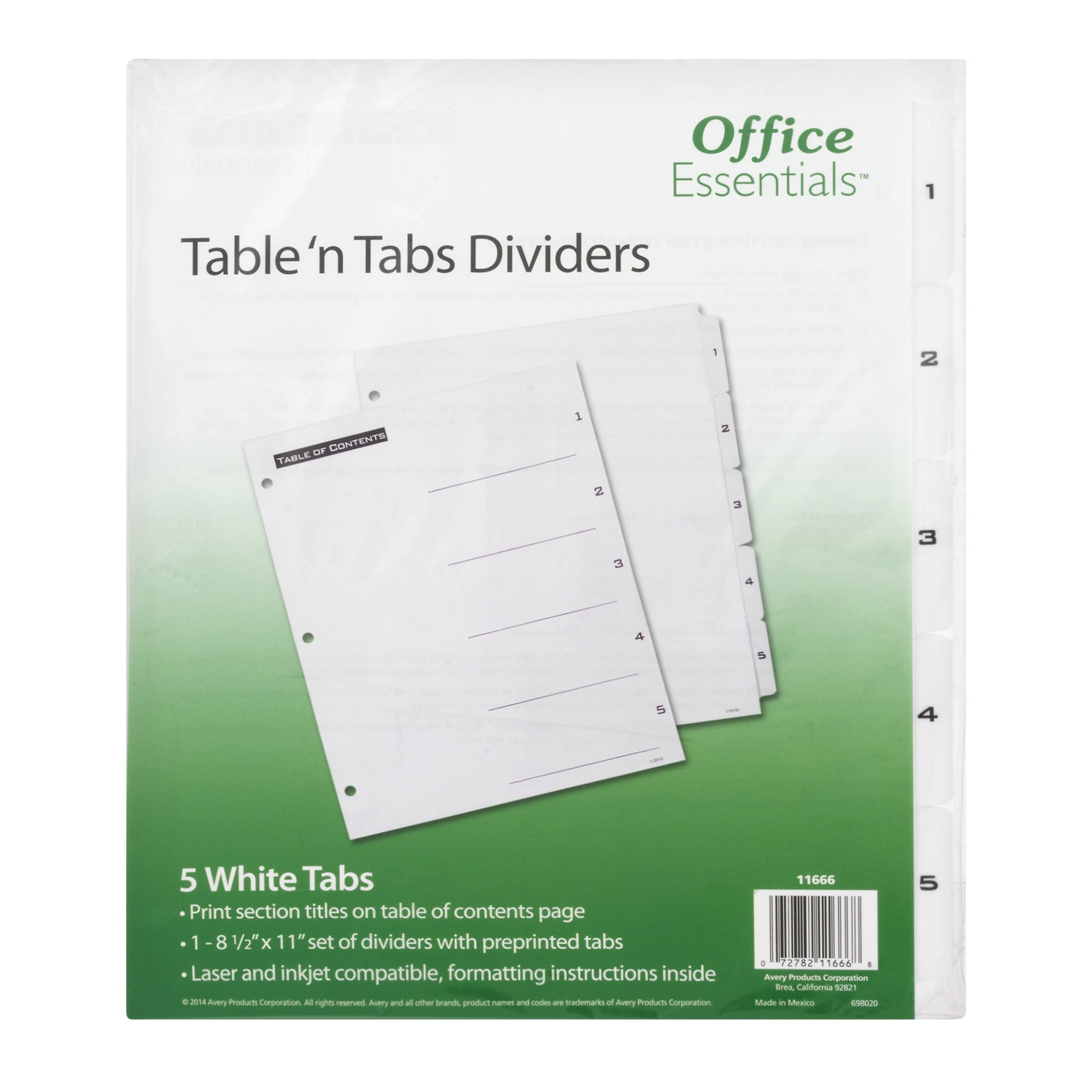 Office Essentials Table 'n Tabs Dividers with White Tabs, Tab #1-5