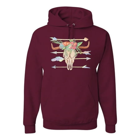 Trippy Long Horn Cow Skull Fashion Graphic Hoodie Sweatshirt  Maroon  3XL