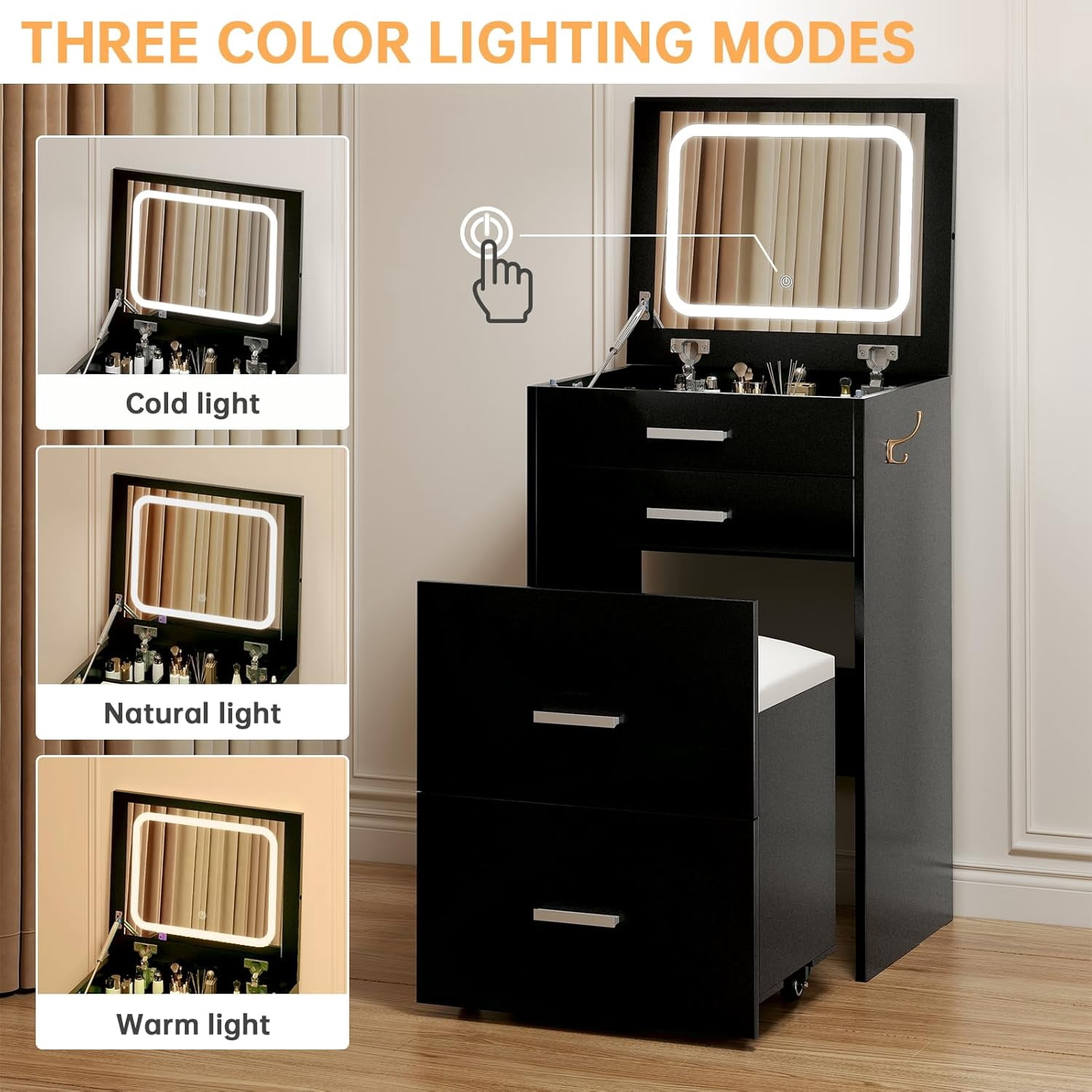 SELOOYE 3 in 1 Vanity Desk, Compact Vanity with 3 Drawers, Makeup Desk with Flip-up 3 Colors Lighting Mirror and Cushioned Stool, Small Vanities Nightstand Perfect for Bedroom, Black
