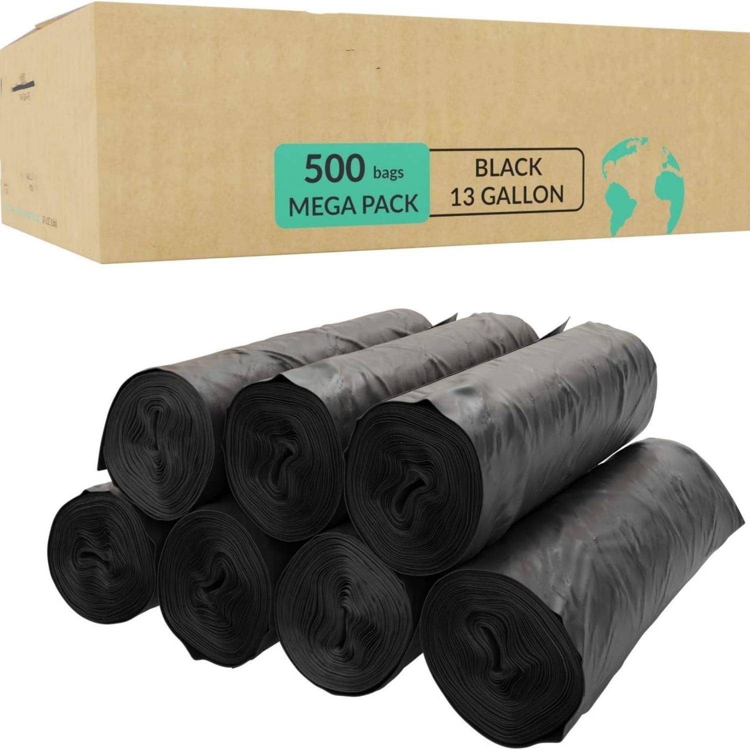 13 Gallon Trash Bags | 500 Count Bulk | Black | Eco-Friendly | Made from Recycled Material
