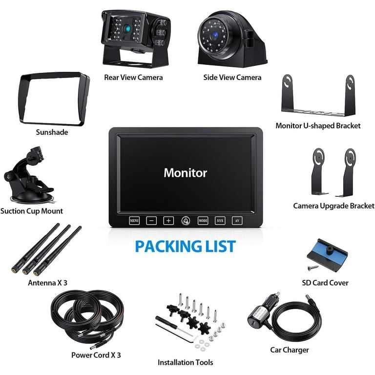 Wireless Backup Camera 7-Inch Monitor Cigarette Lighter Powered Easy Set up  Licence Plate Camera Multi-Screen DIY Guide Lines Waterproof Rear View