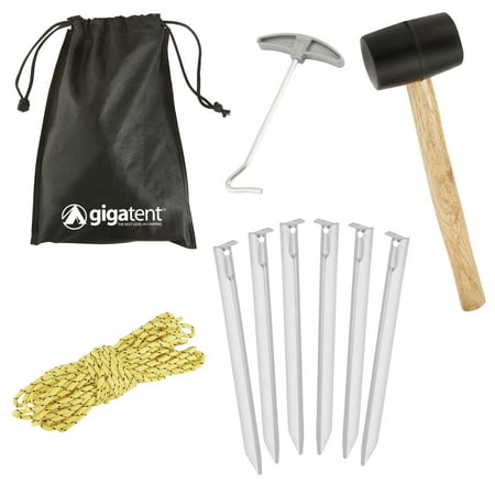 Gigatent Tent Stakes Kit with 6 steel Tent Pegs, Rubberized mallet , Brightly colored guy line, and A Carrying Mesh