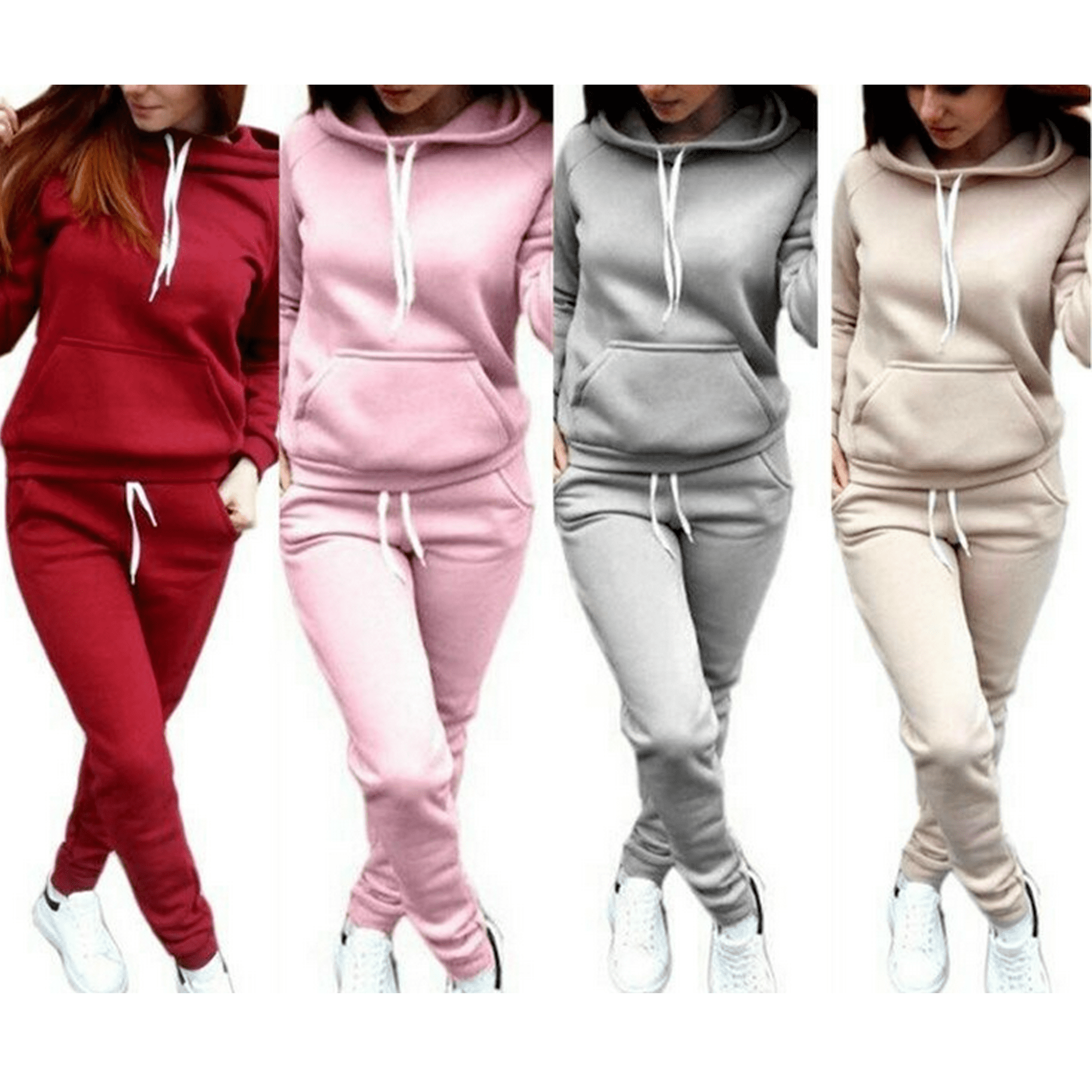 HOT Womens Solid Color Casual Hooded Sweatshirt and pant Tracksuit Sport Suit 