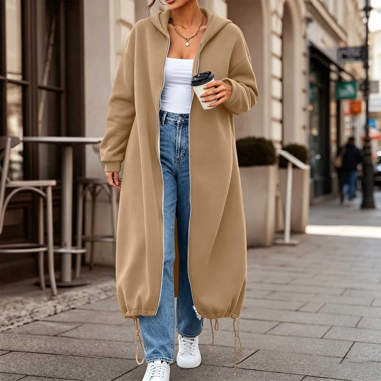 Women's Long Sleeve Zip Up Hoodie， Drawstring Hem Loose Hooded
