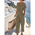 thumbnail image 4 of Women'S Outfits V Neck Cap Sleeve Crop Top Wide Leg Pant Sets Khaki S, 4 of 7