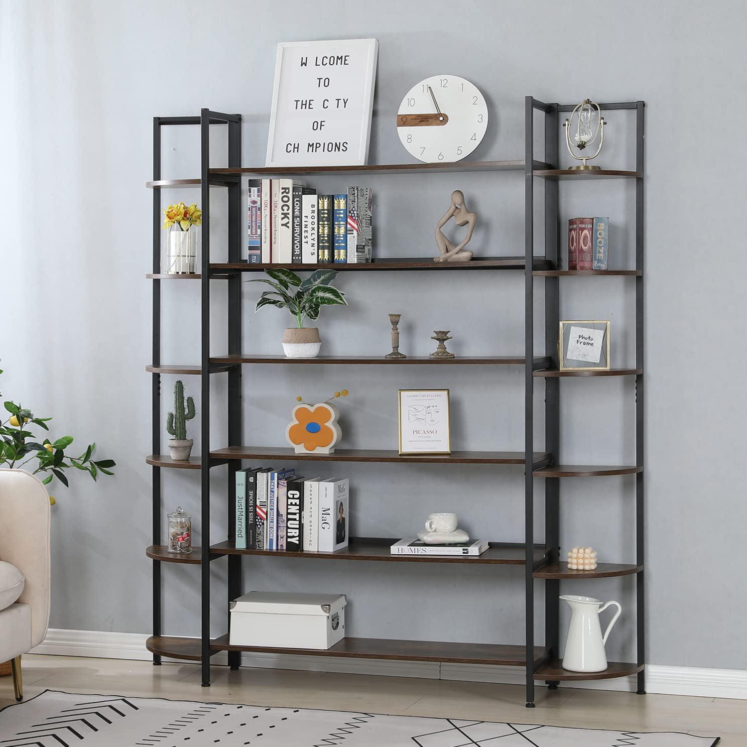 6-Shelf Industrial Bookshelf with Sturdy Metal Frame Vintage Etagere Bookcase 