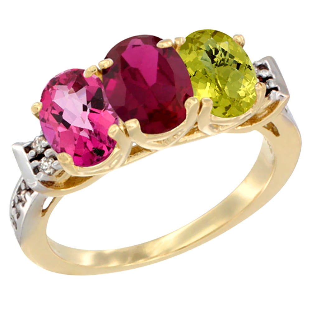 10K Yellow Gold Natural Pink Topaz, Enhanced Ruby & Natural Lemon Quartz Ring 3-Stone Oval 7x5 mm Diamond Accent, sizes... by WorldJewels