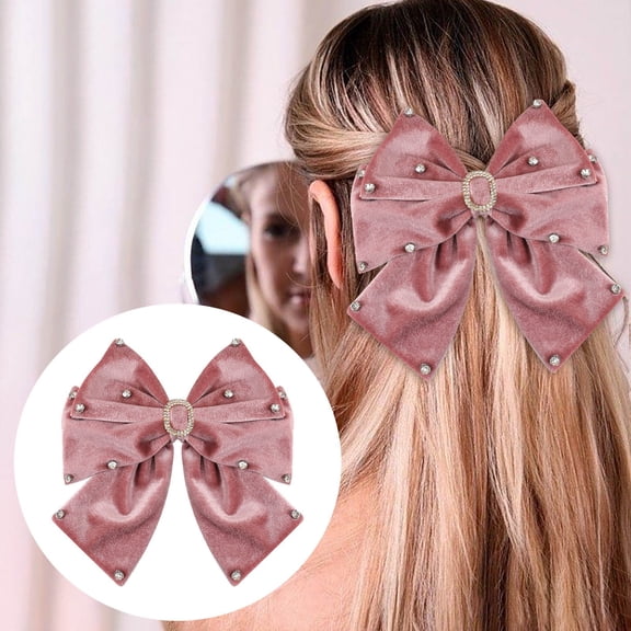 CXHEGBEJ Rhinestone Velvet Ribbon Barrettes Large Bowknot Hair Clips, Decorative Hair Accessories for Women Ponytail Hairpin Grasping Clip Pink