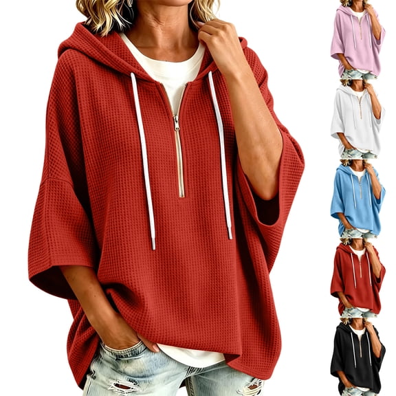 3/4 Sleeve Hoodie Sweatshirts for Women, Oversized Half Zip Drawstring Casual Solid Color Loose Pullover Tops for Everyday Loungewear