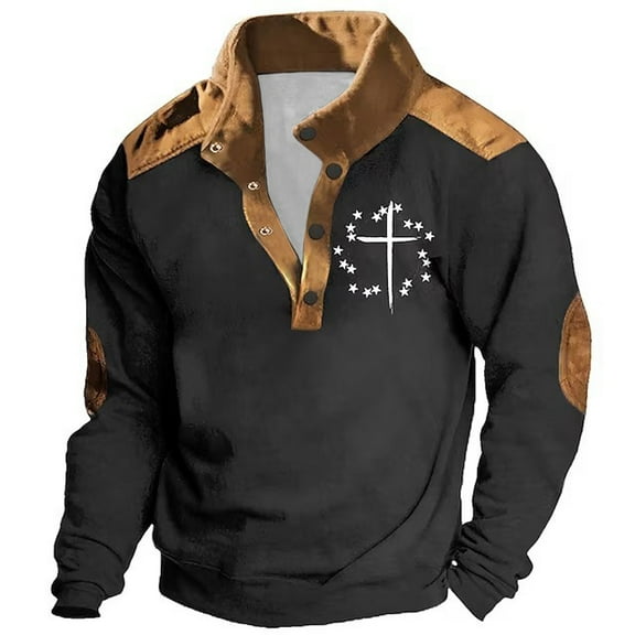 QUINDOS Mens Shirts Men Fall And Winter Fashion Casual Hoodie Retro Ethnic Printed Stand-up Neck Zipper Long Sleeve Loose Seaw With Pockets Comfy Dressy T-shirt