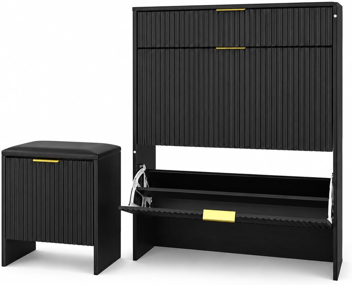Howcool Fluted Entryway Shoe Cabinet with Upholstered Padded Shoe Bench, Wood Narrow Freestanding Shoe Storage, Black