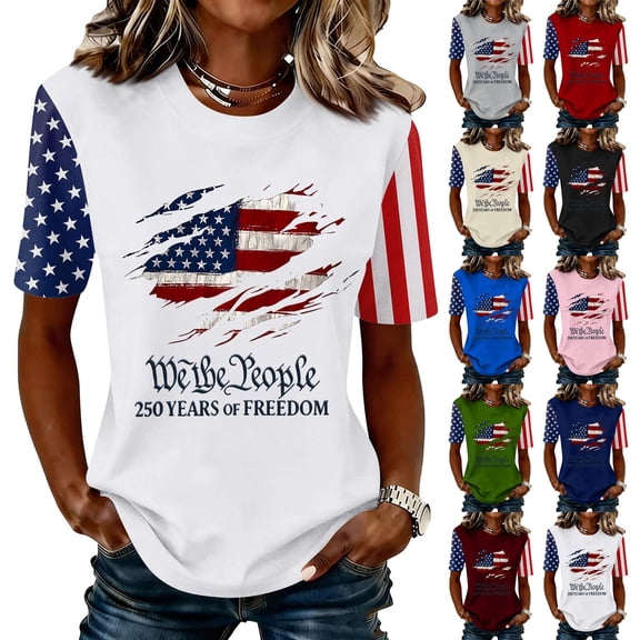 Youpwaven Women's 250th Anniversary USA Graphic T-Shirt, 2026 "We The People" Mismatched Sleeve Tee, Patriotic Ripped Flag Celebration Shirt, Independence Day Apparel