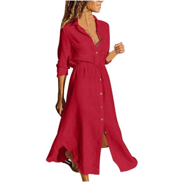 Holiday Savings! Cameland Women's Solid Color Single Breasted Lapel Drawstring Shirt Dress Cotton Linen Dress