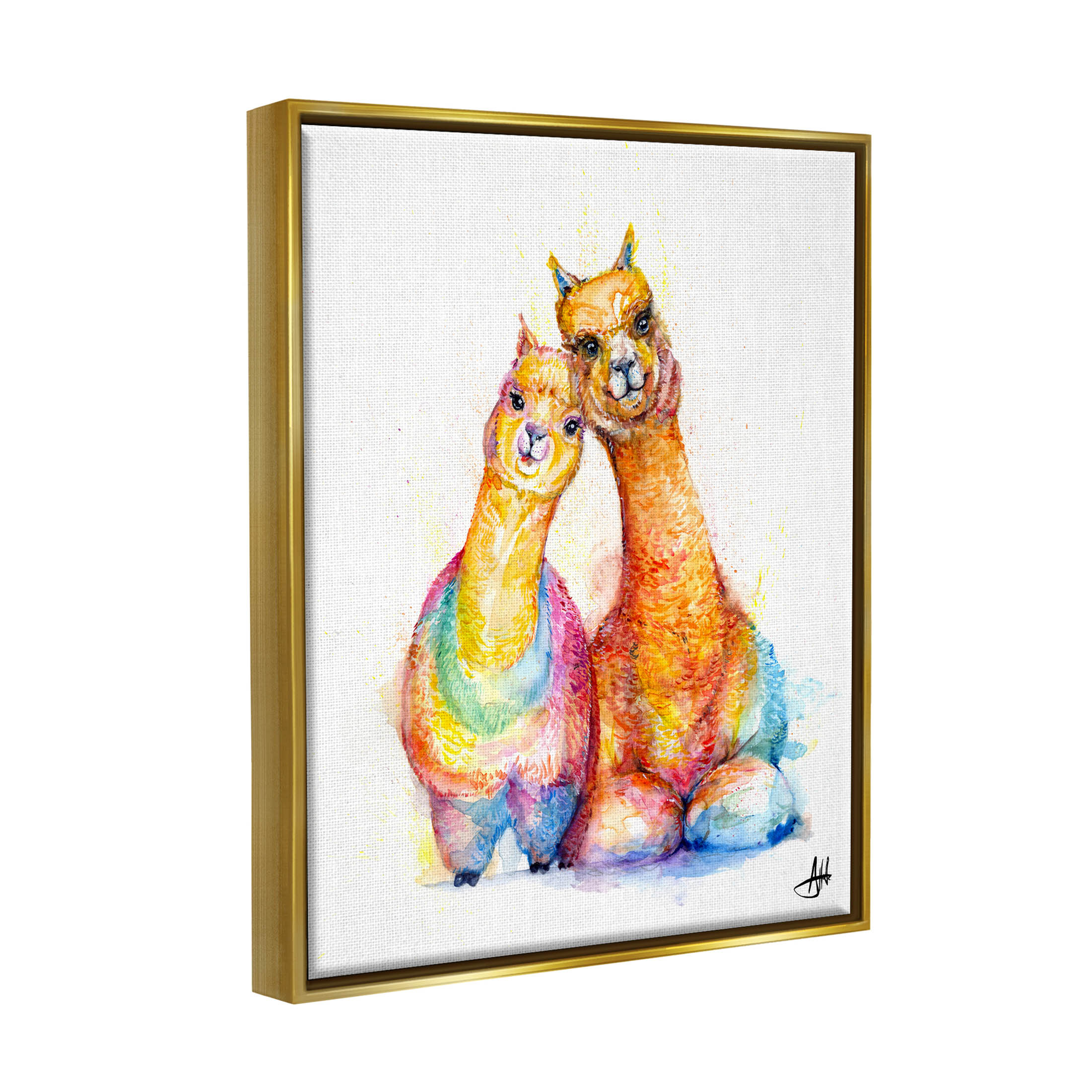 Smiling Alpacas Rainbow Animals Animals & Insects Graphic Art Metallic Gold Framed Art Print Wall Art