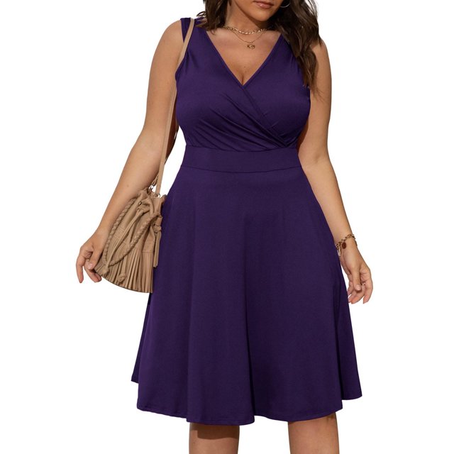 LSLJS Womens Casual Plus Size V-Neck Solid Sleeveless Boho Dress Dress avec Poches