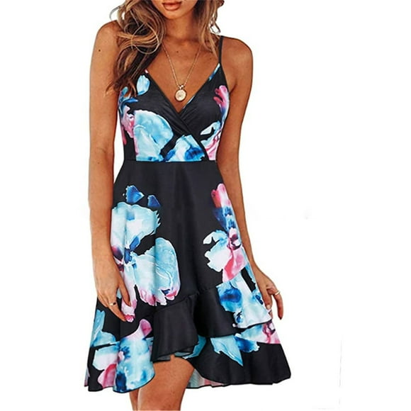 Leutsin Women Summer V-Neck Mini Floral Print Sleeveless Strap Fishtail Plus Size Maxi Plus Size Maxi Dresseses