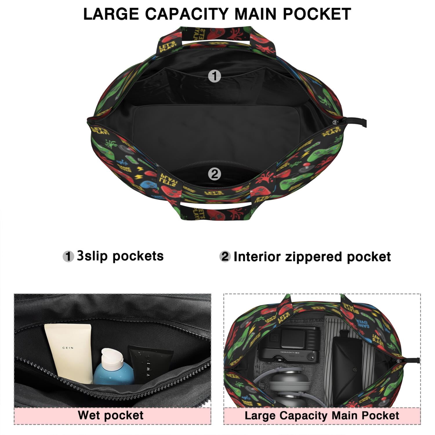 Green Red Controllers Games Icons Black Pattern Travel Tote Bags for Women Carry On,Large Weekender Bags for Women Travel,Multi Functional Duffle Bag for Work,Shopping,Sports